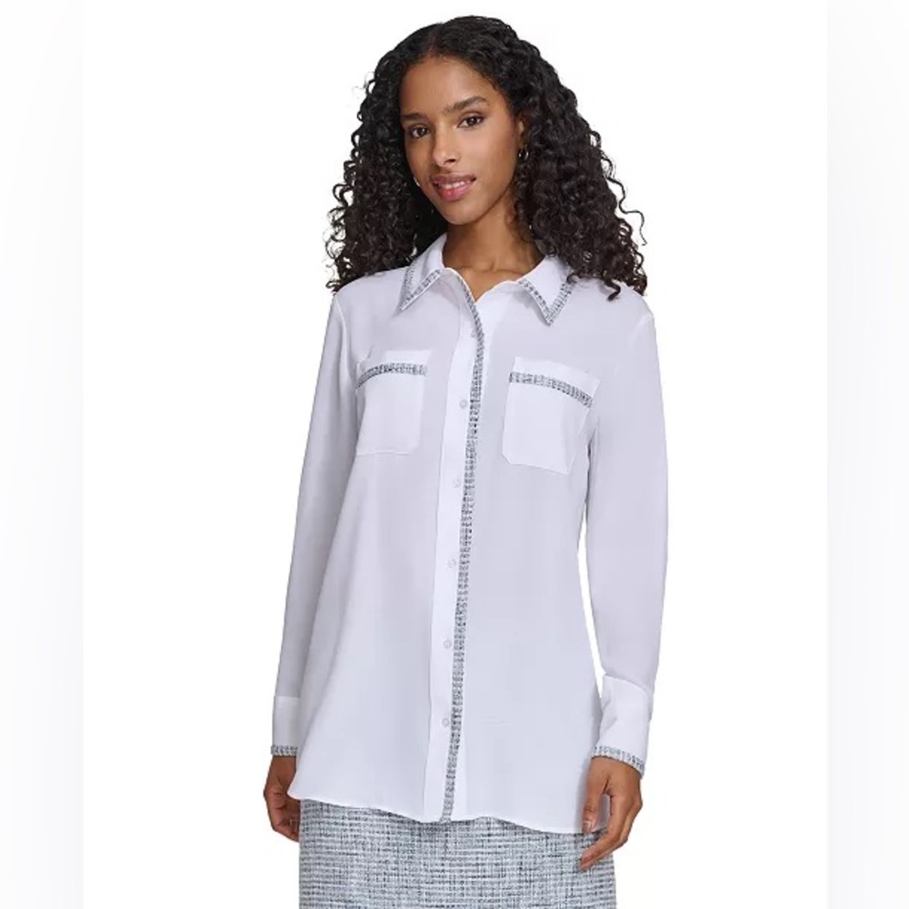 NWT-CALVIN KLEIN Women's Tweed-Trim Button Down Shirt